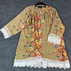 Relipop Women Floral Print Kimono Cardigan Lace Trim Tan M